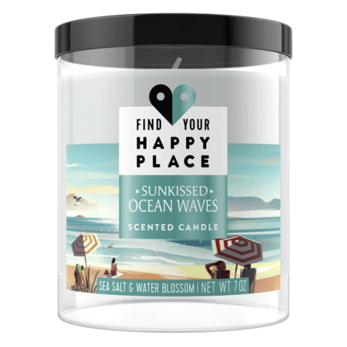 Find Your Happy Place Indoor/Outdoor Ocean Waves Sea Salt and Water Blossom Scented Candle, 3.25" x 3.25" Wax, Black Find Your Happy Place Indoor/Outdoor Ocean Waves Sea Salt and Water Blossom Scented Candle, 3.25" x 3.25" Wax, Black